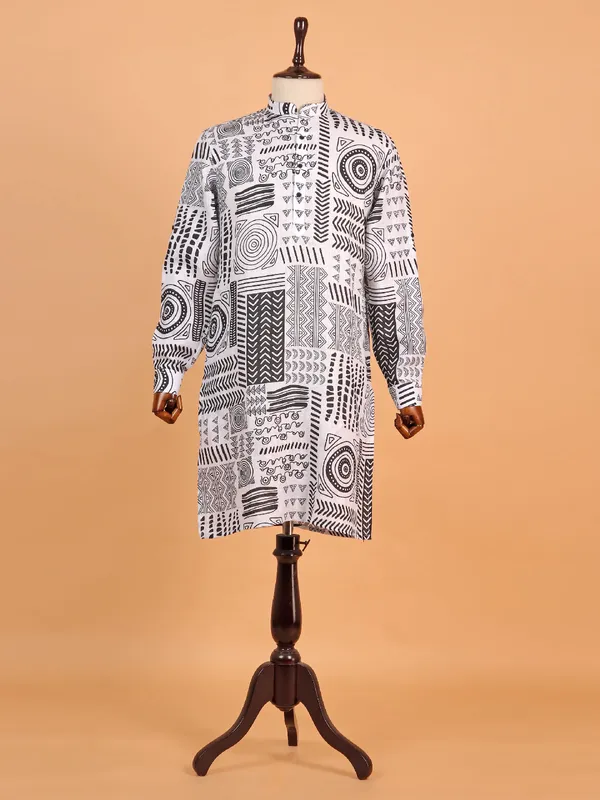 Unique printed white cotton kurta suit for men