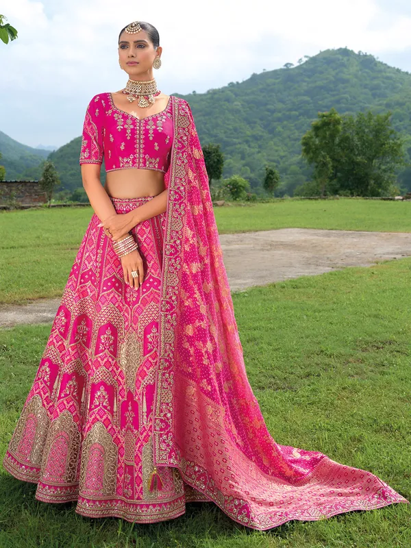 Unique rani color silk unstitched lehenga choli