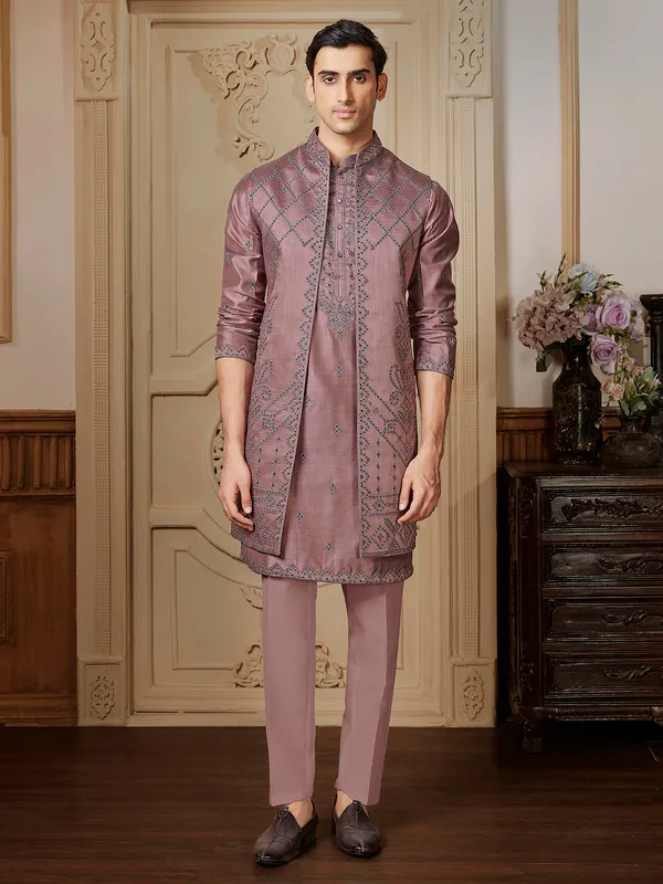 Unique rusted pink raw silk long waistcoat set for men