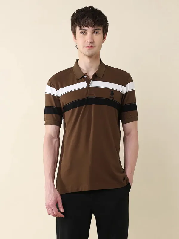 US POLO coffee cotton slim fit striped polo t-shirt