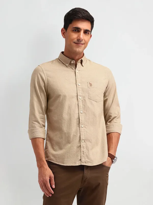 US POLO cotton beige slim fit shirt for men