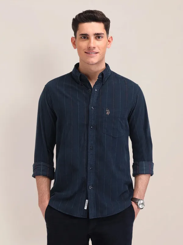 US POLO cotton blue slim fit shirt for men