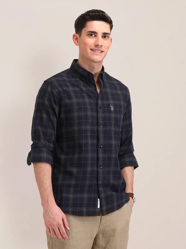 US POLO cotton navy checked slim fit shirt for men
