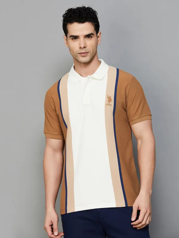 US POLO cream and brown stripe polo t-shirt