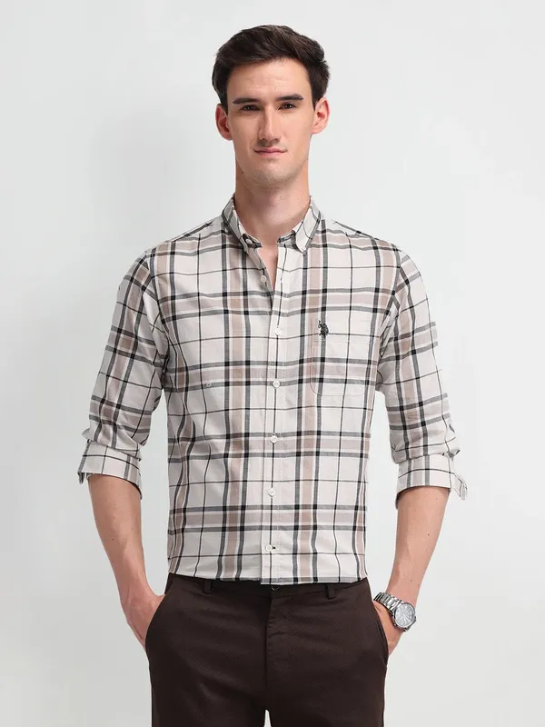 US POLO cream checkered slim fit casual shirt