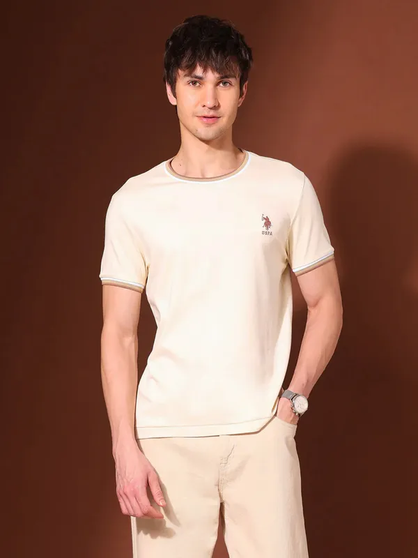 US POLO cream plain round neck t-shirt