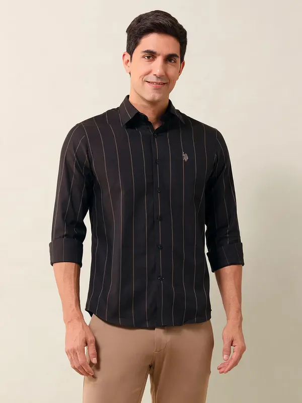 US POLO dark brown striped casual wear mens shirt