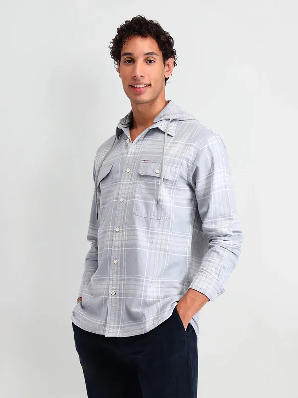 US POLO grey cotton checks shirt with hood