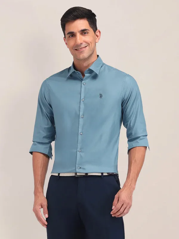 US POLO light blue plain cotton shirt for men