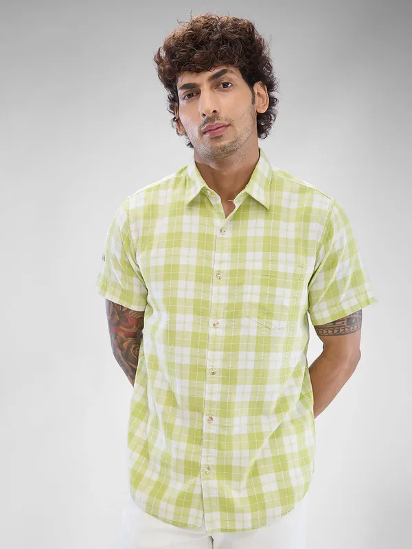 SPYKAR light yellow checkered cotton shirt