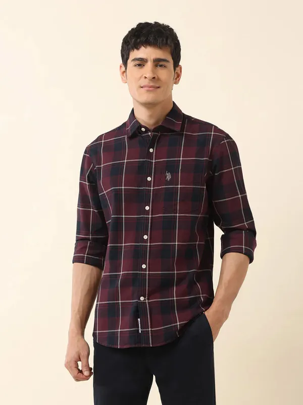 US POLO maroon ad blue check shirt
