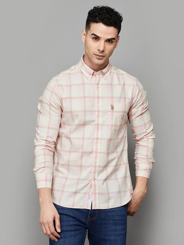US POLO peach cotton casual flannel shirt for men