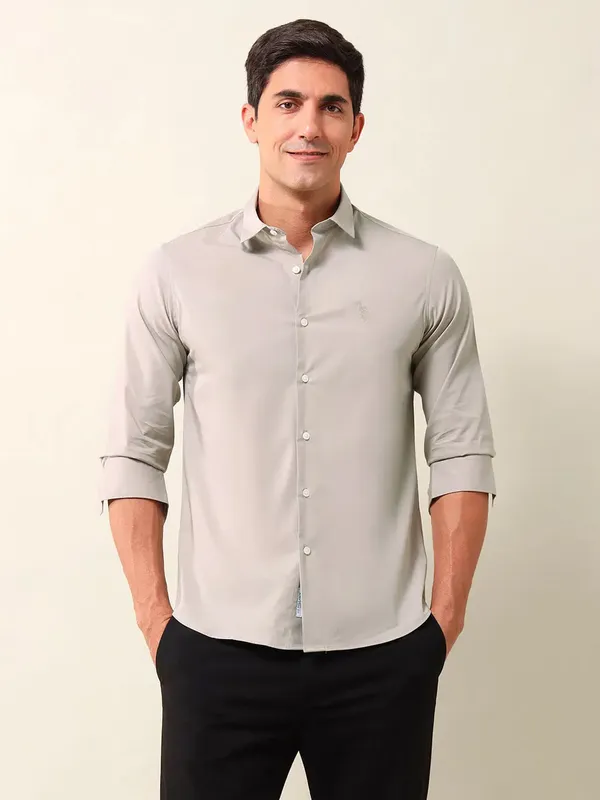 US POLO plain light beige slim fit mens casual shirt