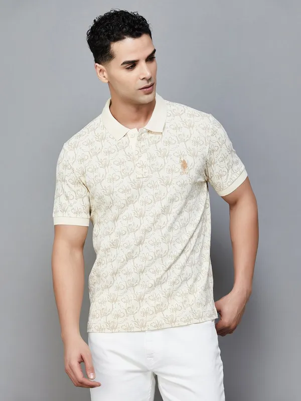 US POLO printed beige cotton slim fit t-shirt