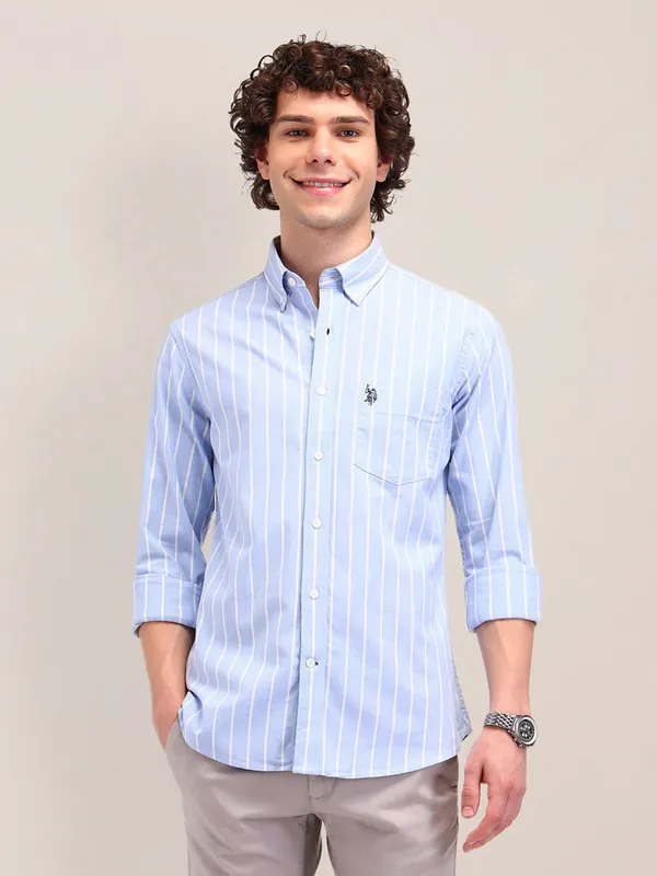 US POLO sky blue striped cotton slim fit shirt