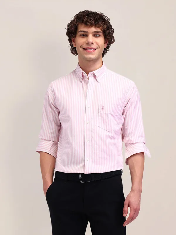 US POLO slim fit pink and white striped shirt