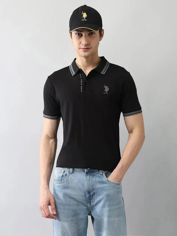 US POLO solid black cotton slim fit t-shirt for men