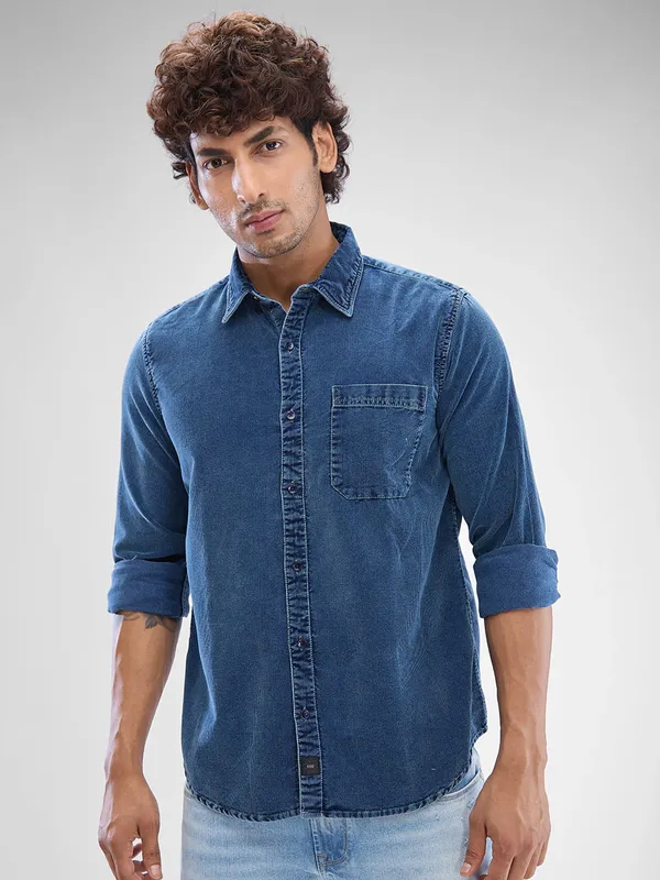 SPYKAR solid blue pure denim shirt