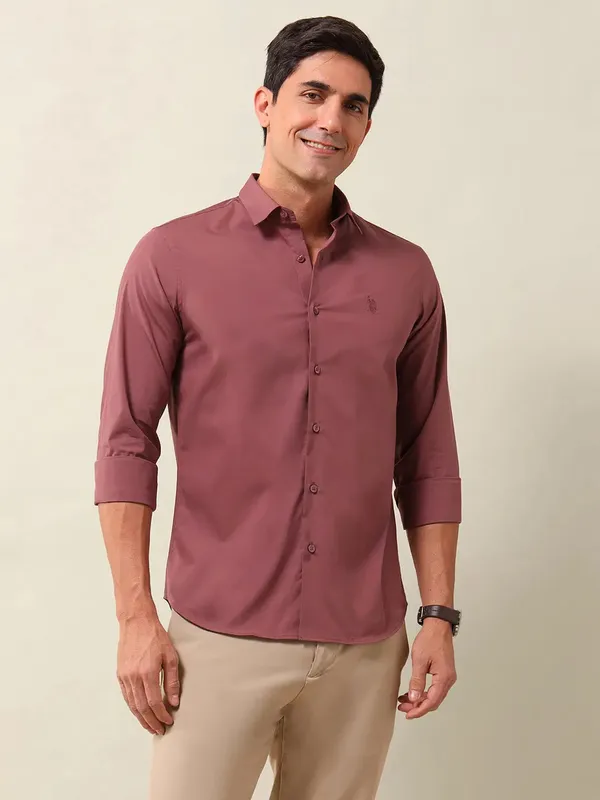 US POLO solid dark pink slim fit mens casual shirt