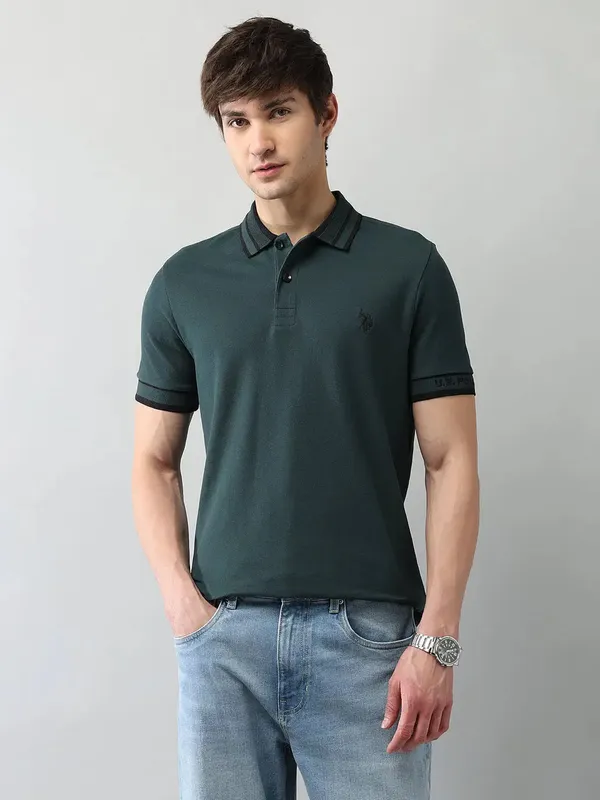 US POLO solid forest green polo t-shirt for men