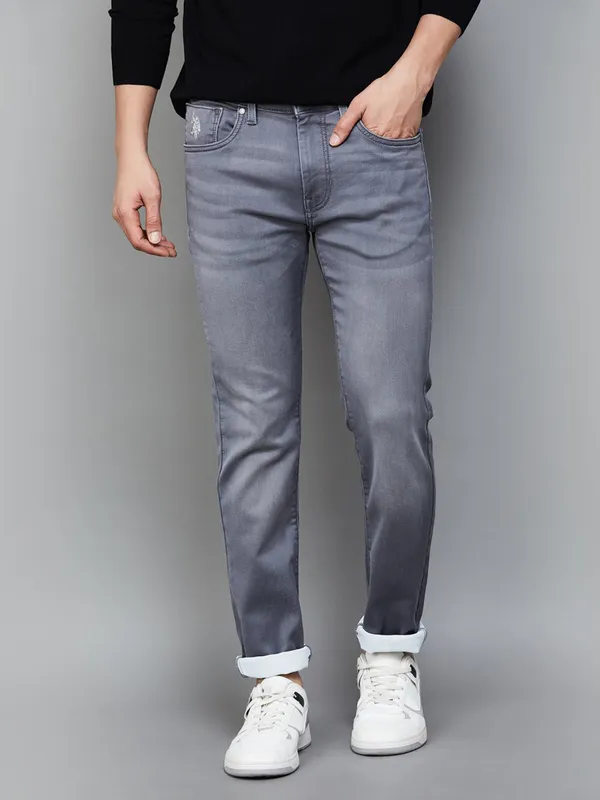 US POLO solid grey tapered fit denim jeans for men