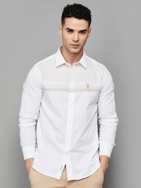 US POLO solid white casual wear cotton shirt for men