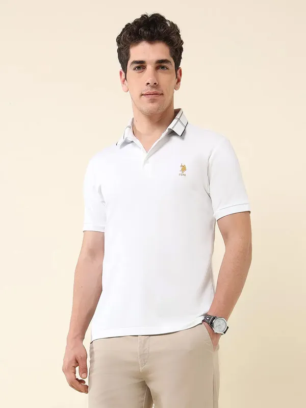 US POLO solid white slim fit mens polo t-shirt
