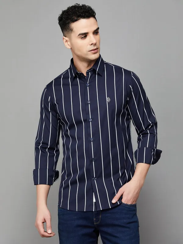 US POLO striped navy cotton casual wear shirt for men