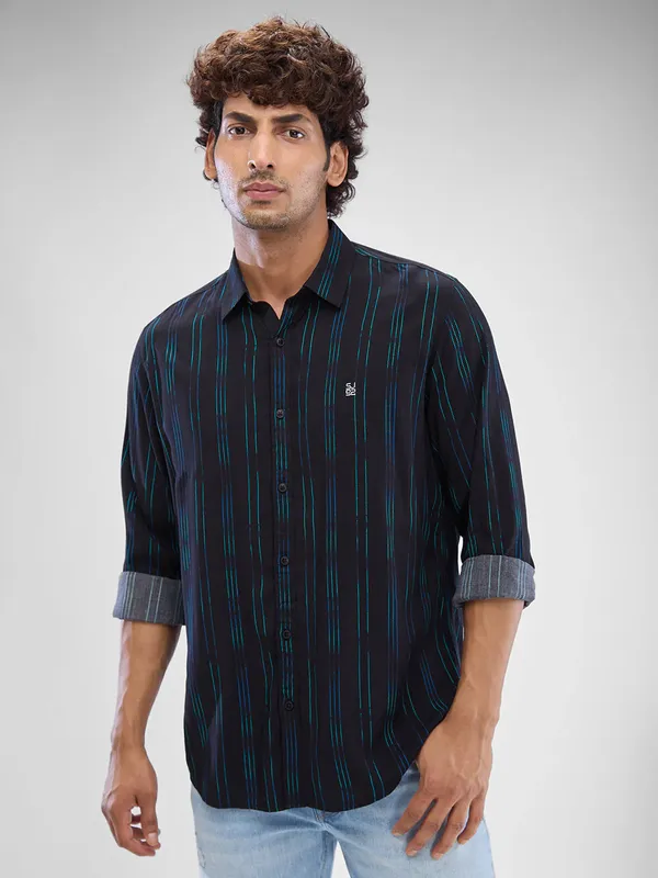 SPYKAR striped navy pure cotton shirt