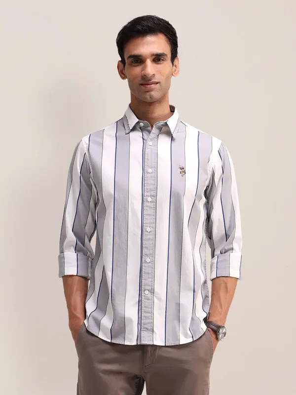 US POLO striped white and grey cotton shirt for men