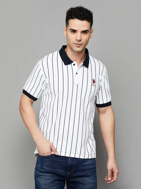 US POLO white striped cotton slim fit polo t-shirt
