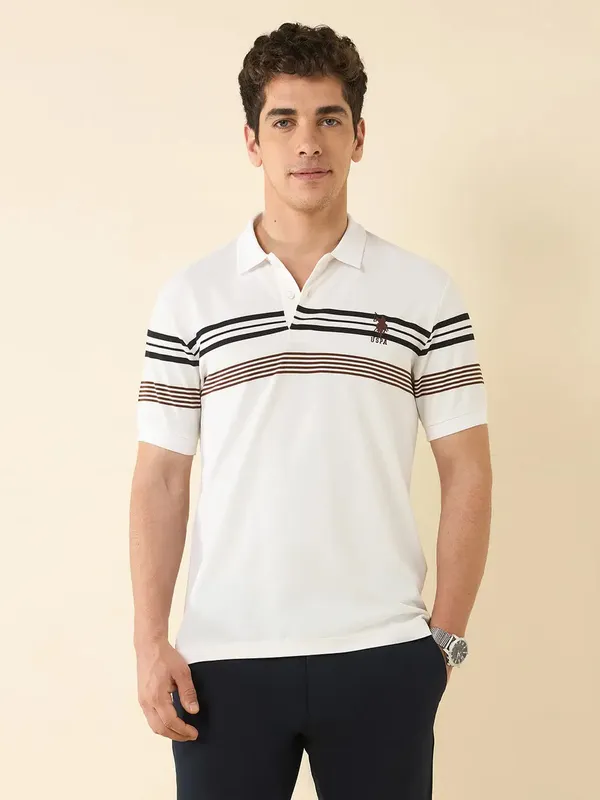 US POLO white striped cotton slim fit polo t-shirt for men