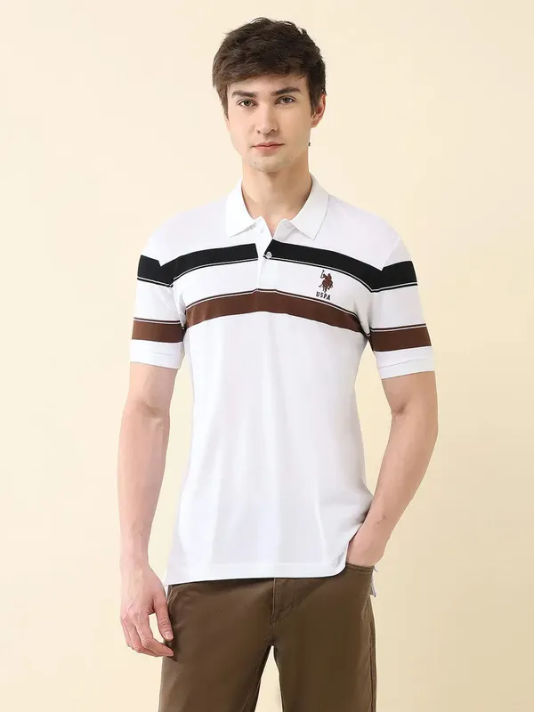 US POLO white striped slim fit mens polo t-shirt