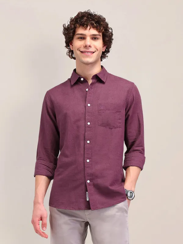 US POLO wine linen slim fit casual shirt