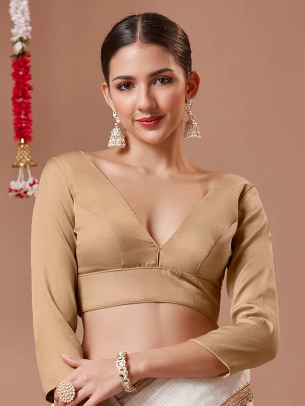 V neck beige silk readymade blouse