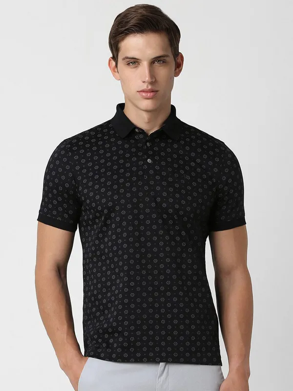 VAN HEUSEN black cotton printed polo t-shirt