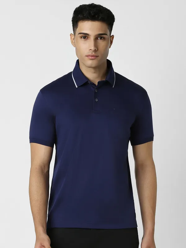 VAN HEUSEN navy plain cotton t-shirt with polo neck