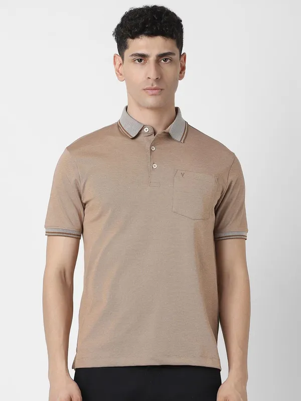 VAN HEUSEN plain beige cotton slim fit t-shirt