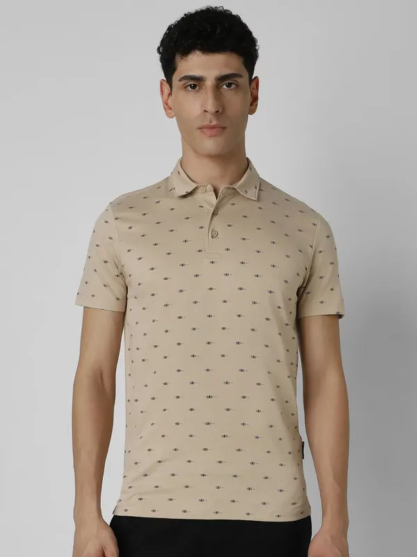 VAN HEUSEN printed beige colour cotton t-shirt