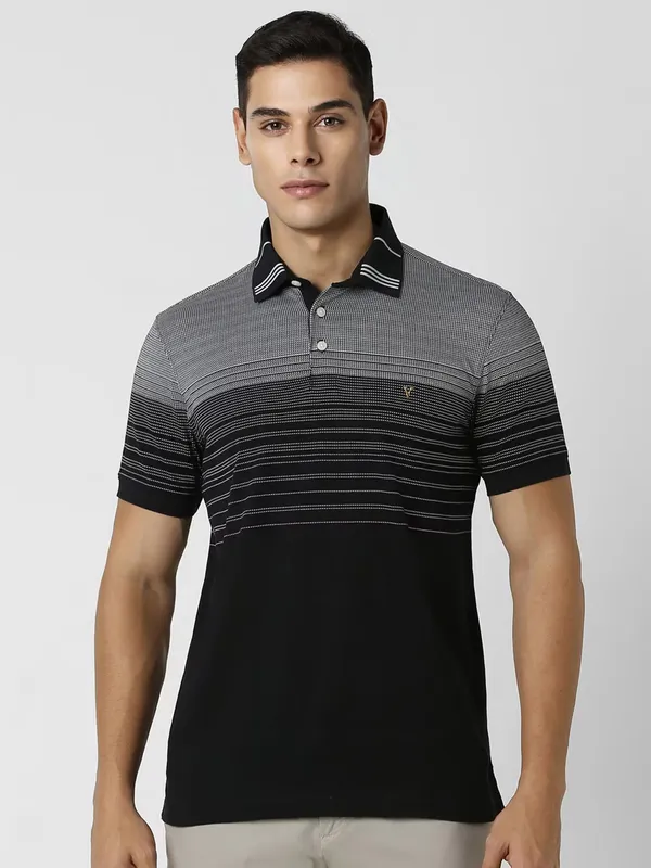 VAN HEUSEN stripe pattern black cotton slim fit t-shirt