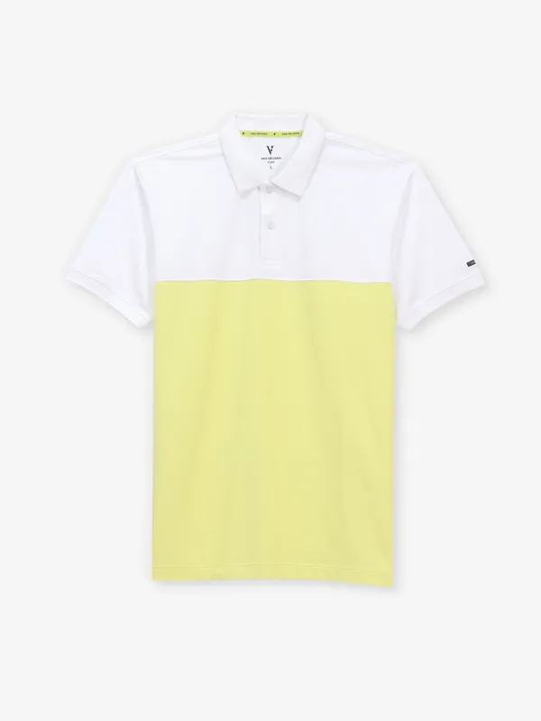 VAN HEUSEN white and yellow printed cotton polo t-shirt