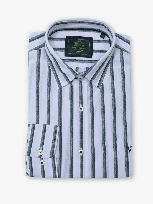 VAN HUESEN cool stripe forest green and white cotton formal shirt