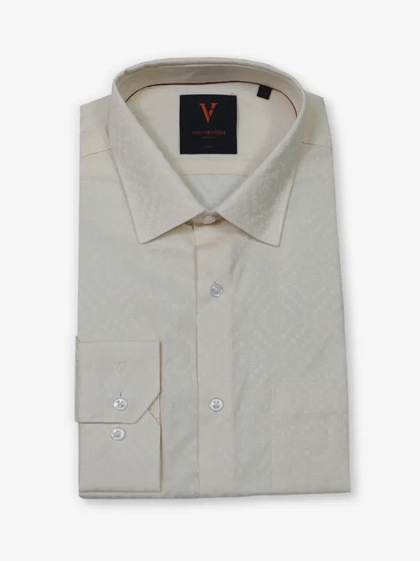 VAN HUESEN cream printed cotton formal wear shirt
