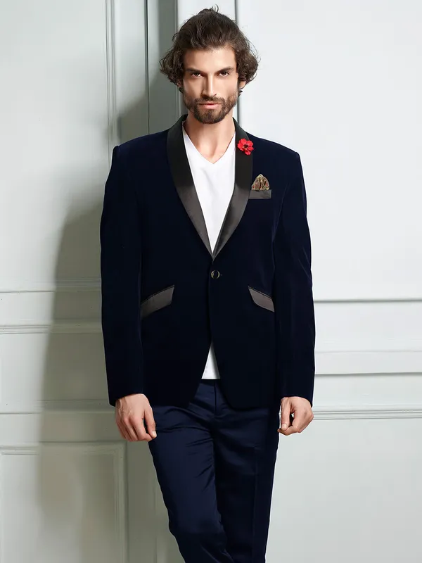 Velvet navy color solid mens blazer