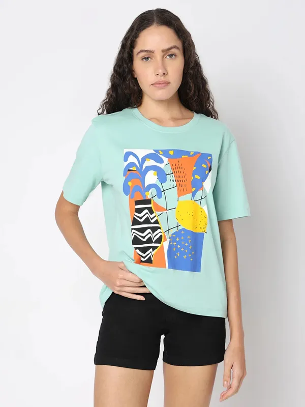 VERO MODA mint blue printed cotton t-shirt