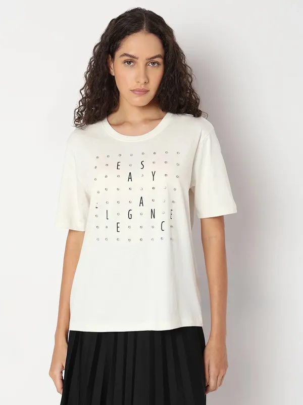VERO MODA off-white cotton printed t-shirt