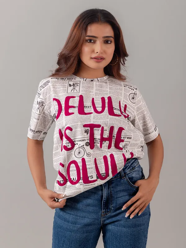 VERO MODA off white printed cotton silk t-shirt