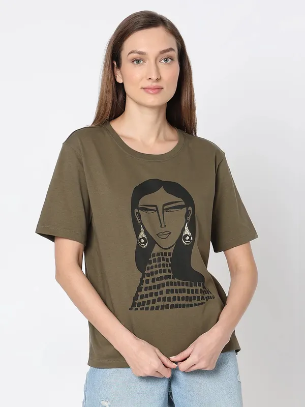 VERO MODA olive printed cotton t-shirt