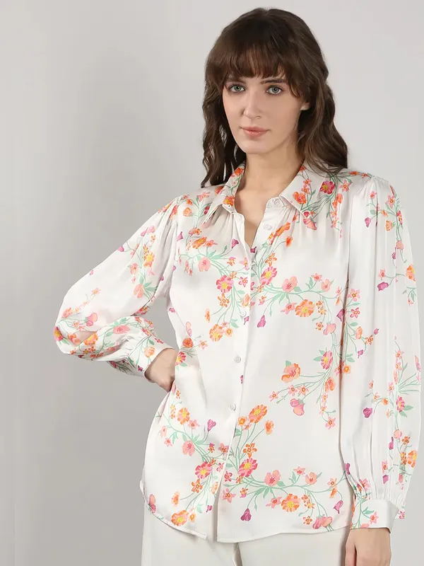 VERO MODA printed white satin silk shirt