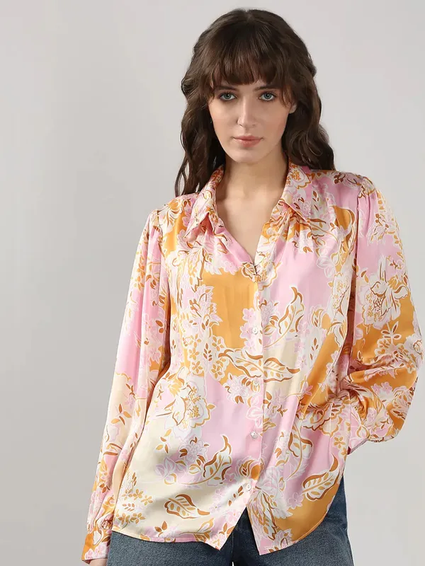 VERO MODA satin silk printed pink shirt
